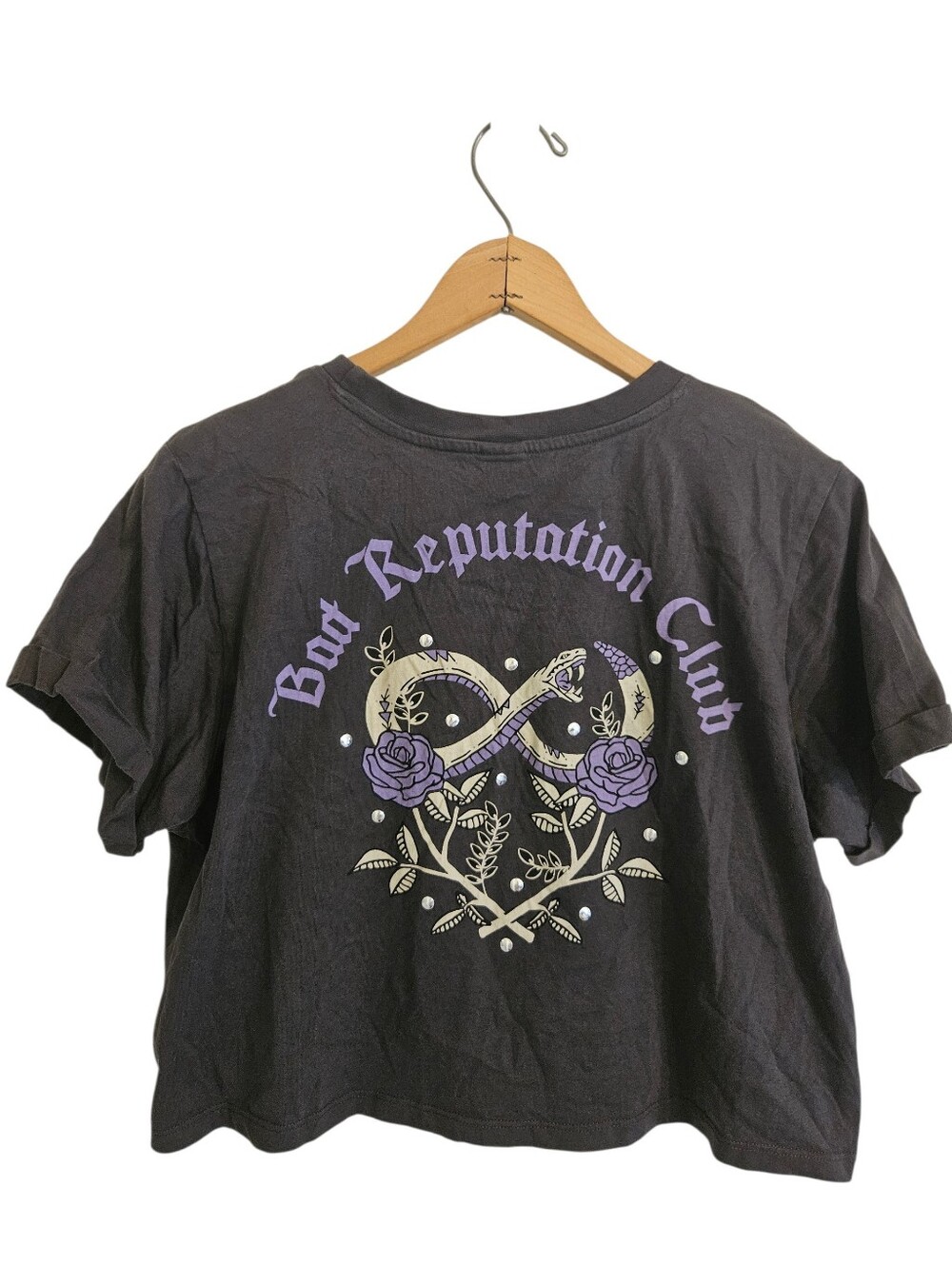La Luna Bad Reputation Club Cotton Snake Rose Studded Graphic Crop Tee Sz L